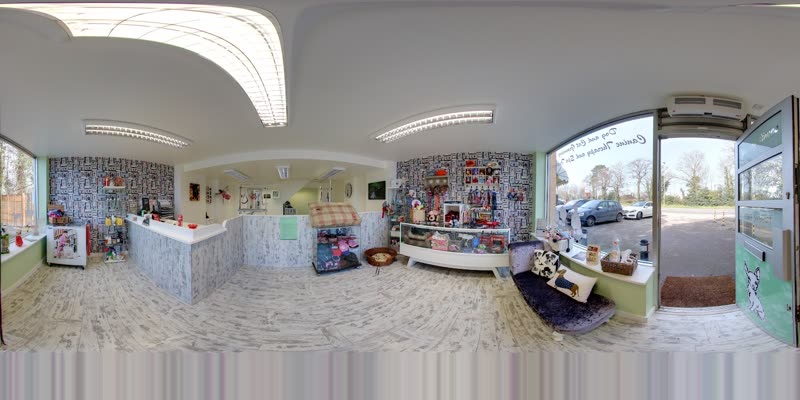 Inside the boutique: the reception counter with shelving and retail displays behind